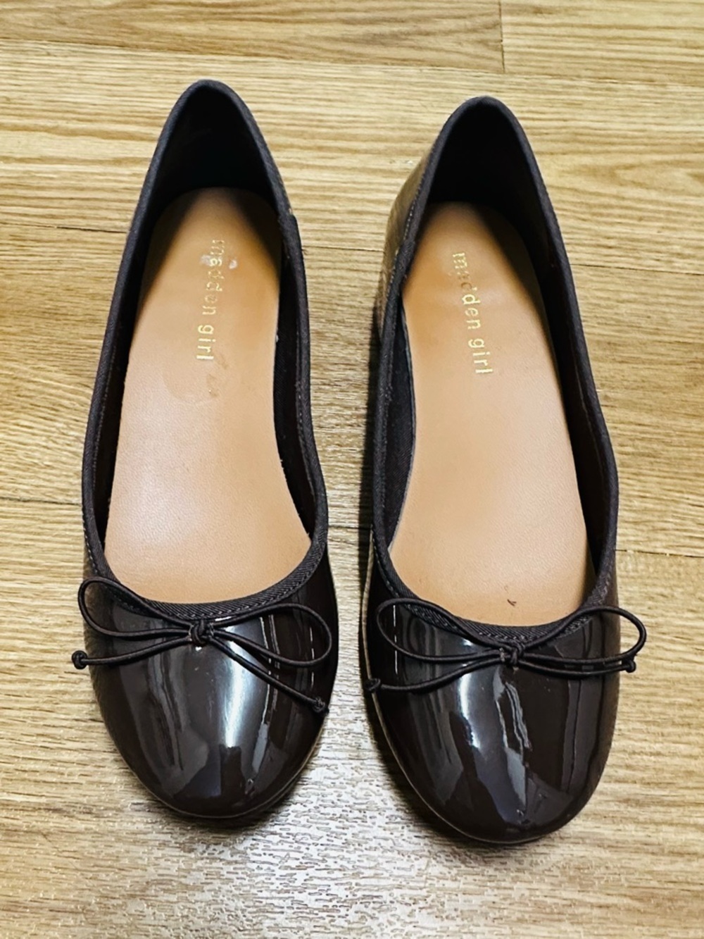 Madden Girl Brown Patent Ballet Flats Size 8 | Low Heel Bow Detail